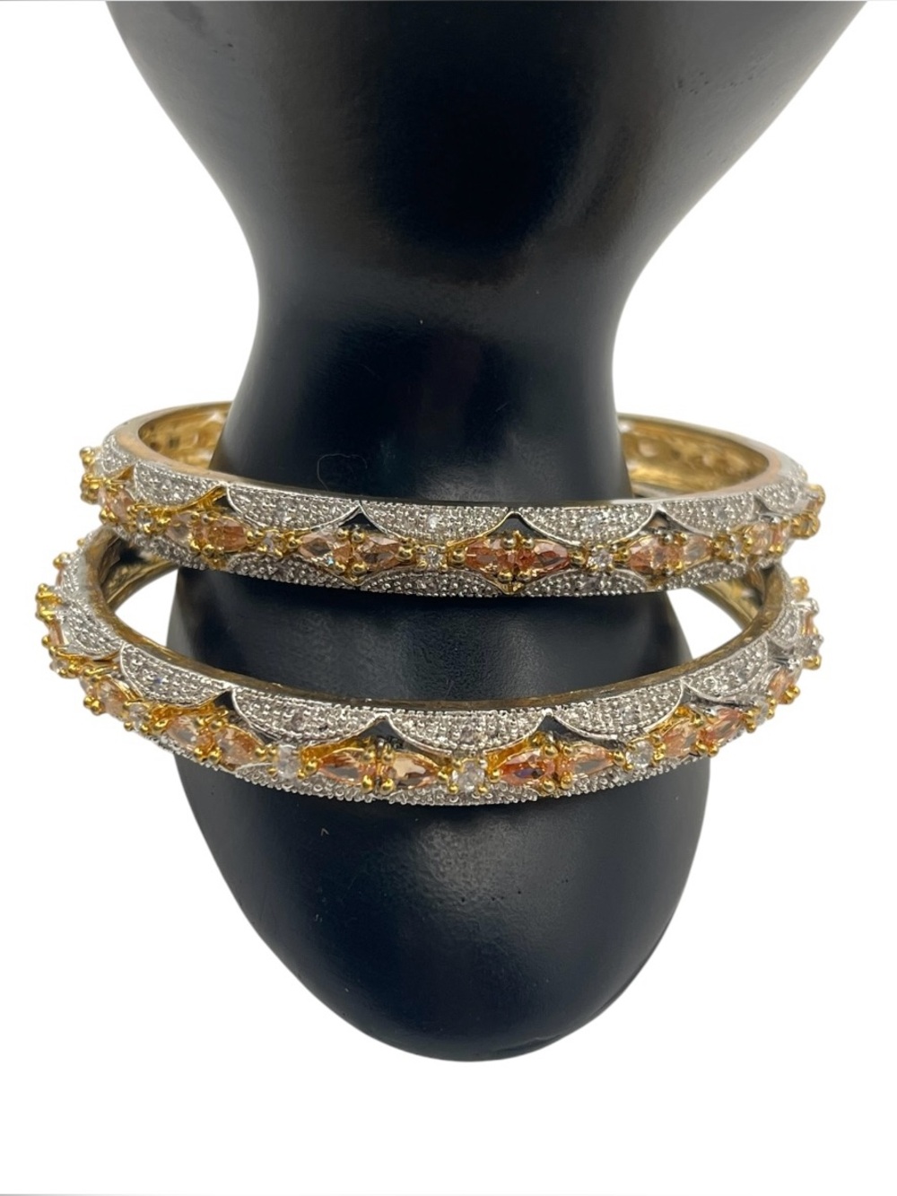 Ornate Victorian style champagne & clear CZ gold tone set of 2 bangle bracelets